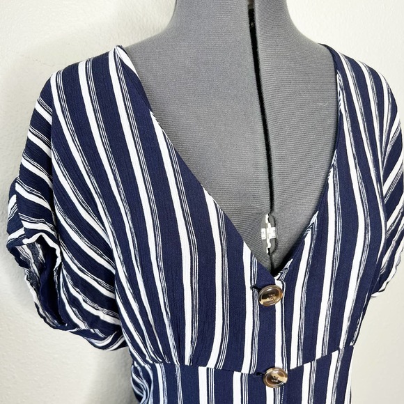 BP Navy Blue White Striped V-Neck Button Front Mini Dress Women's Size Large L - Picture 2 of 8